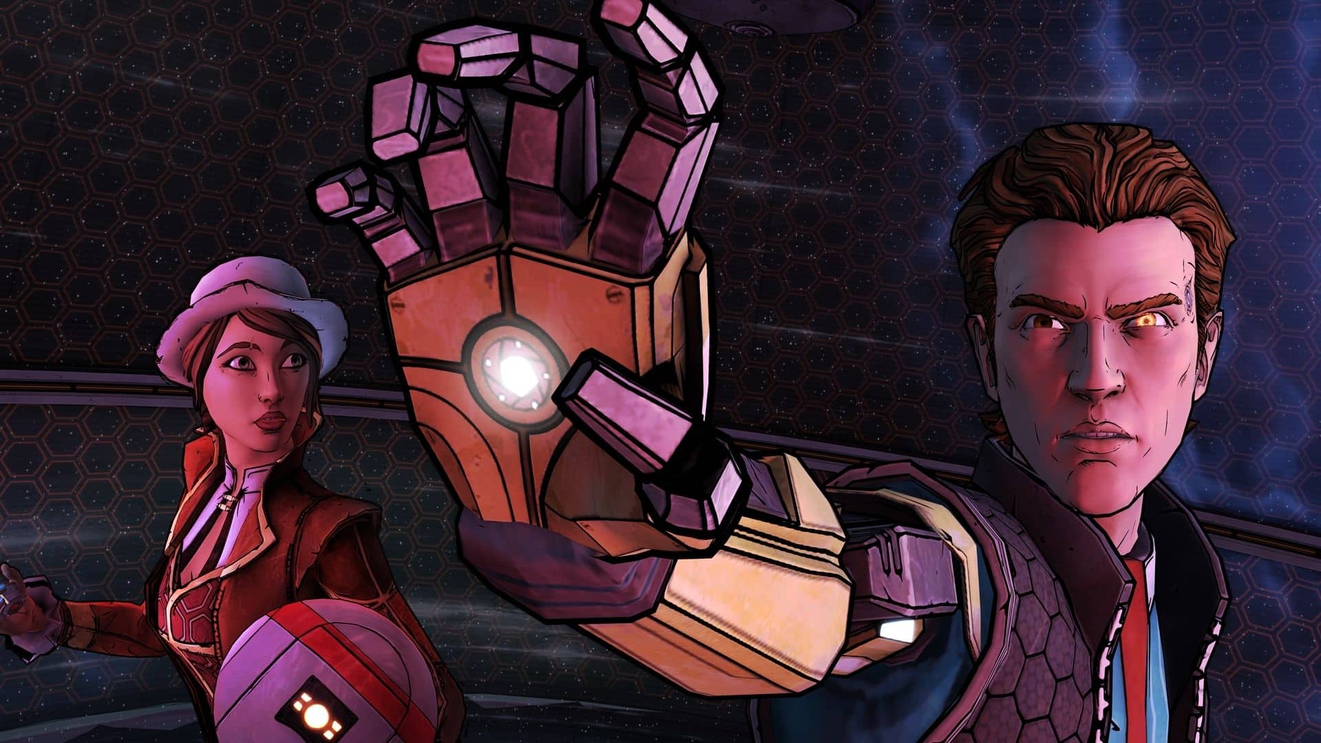 rhys using metal arm next to fiona in tales from the borderlands