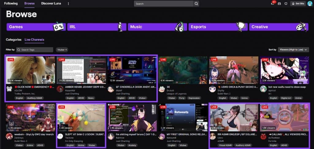 vtuber tag on twitch browse page