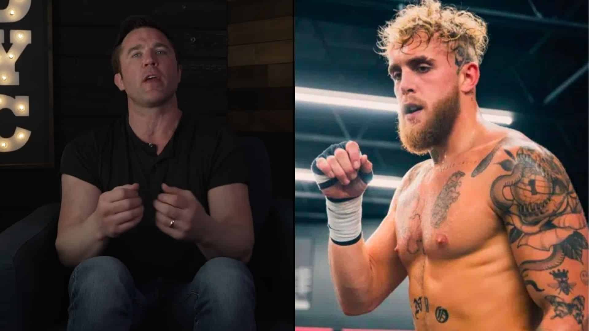 Chael Sonnen talking to camera as Jake Paul spars in boxing gym