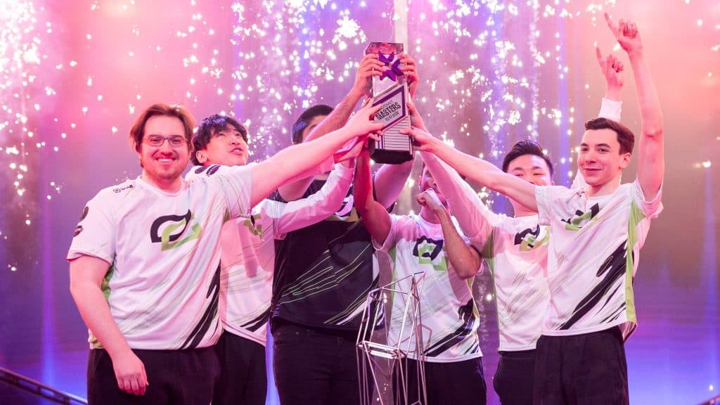 OpTic Gaming lifting the Valorant Masters trophy.