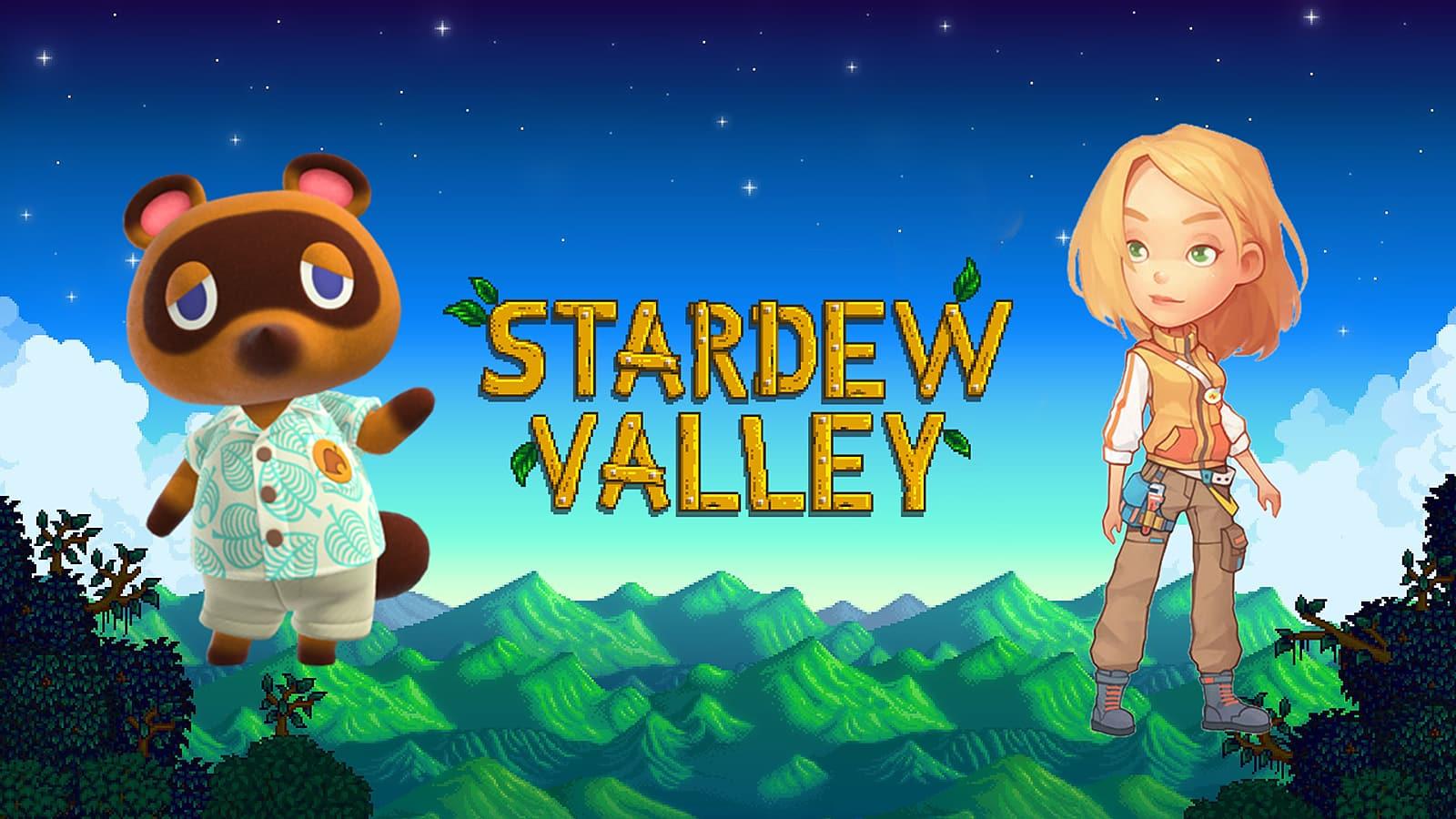 An image of Stardew Valley logo with Nook and a My Time in Portia character