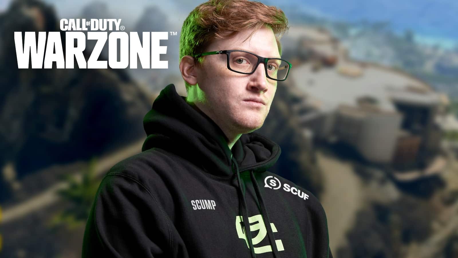 Scump on blurred Caldera background with Warzone logo in top right corner