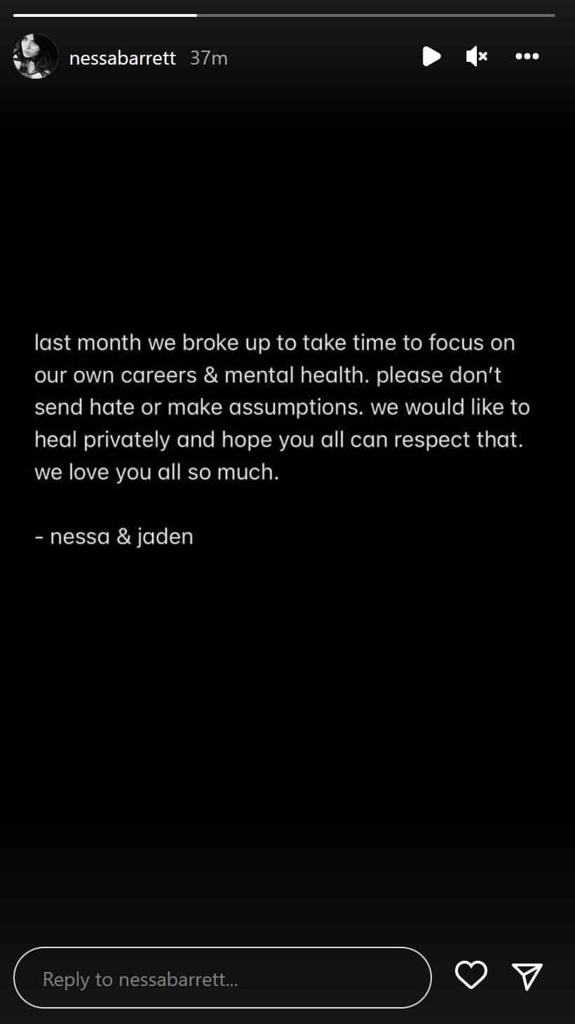 Nessa breakup Jaden Hossler instagram story