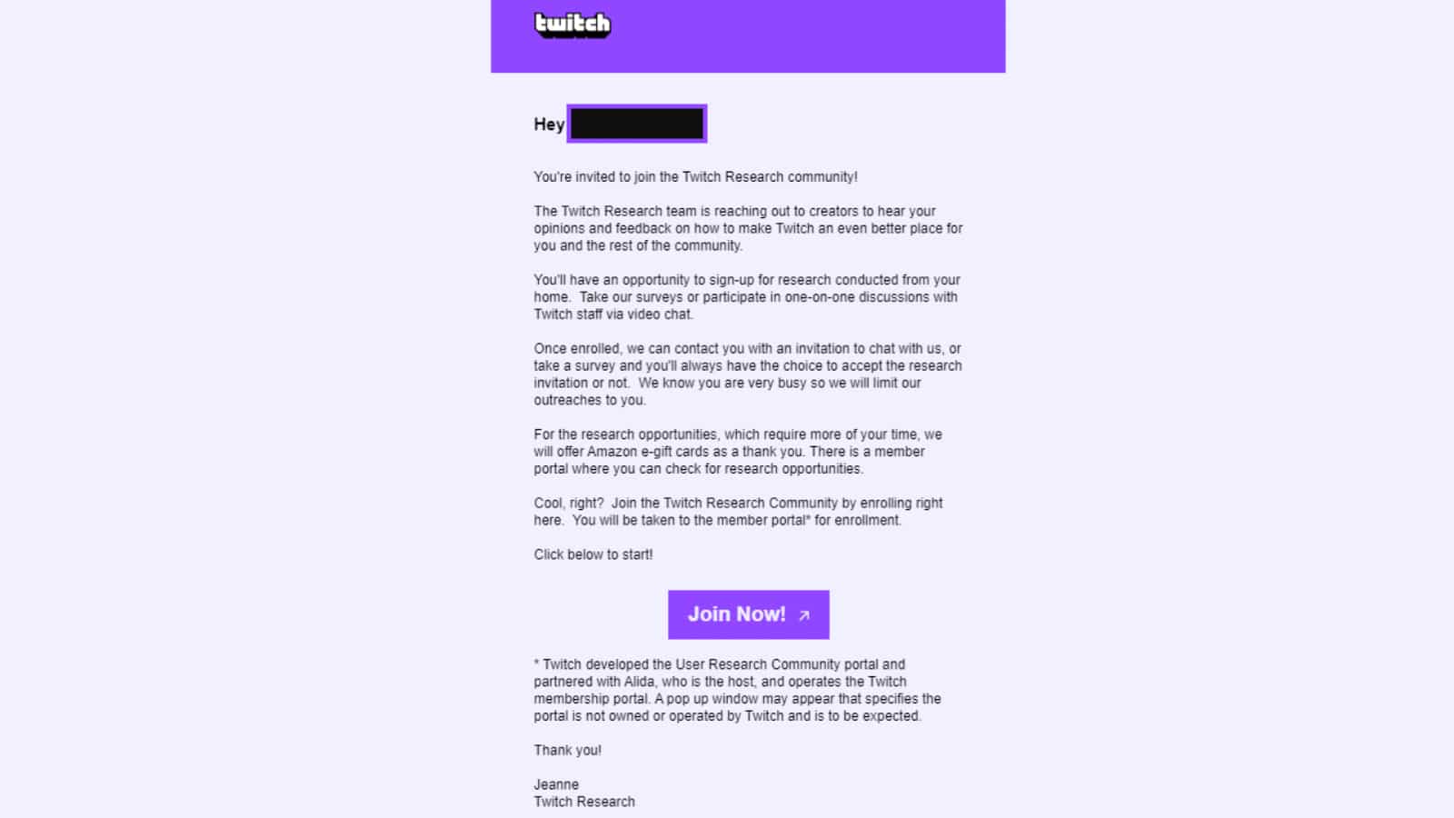 Twitch research community email invite
