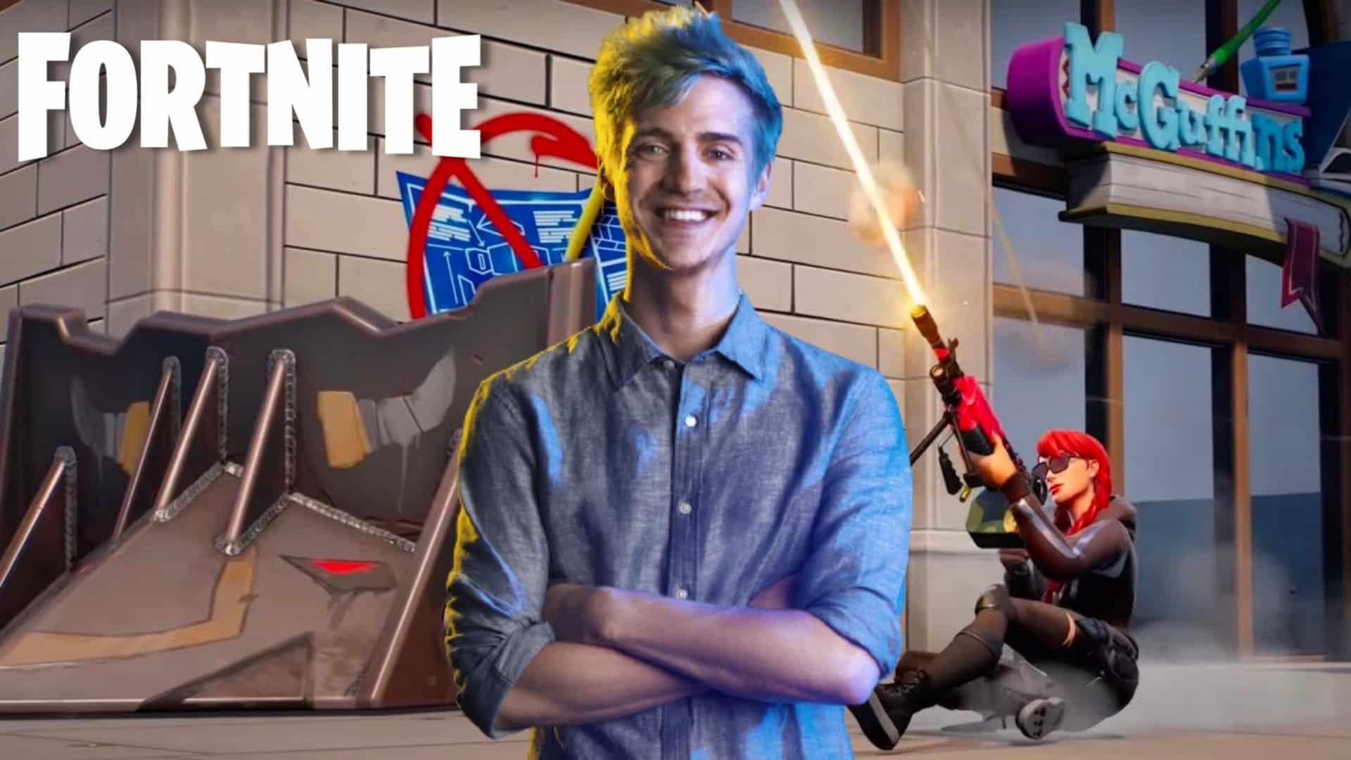 Ninja with Fortnite No Build characters in the background
