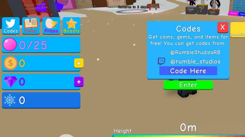 In-game Bubble Gum Simulator menu where codes need to be redeemed from