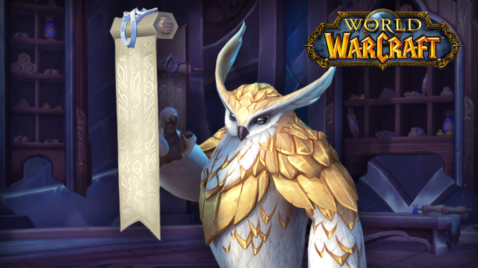 world of warcraft wow owl stands with a scroll
