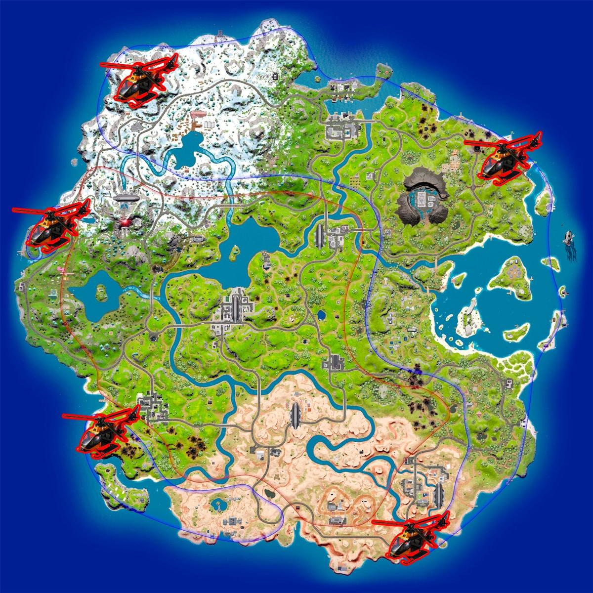 All Choppa helicopter locations marked on the Fortnite map