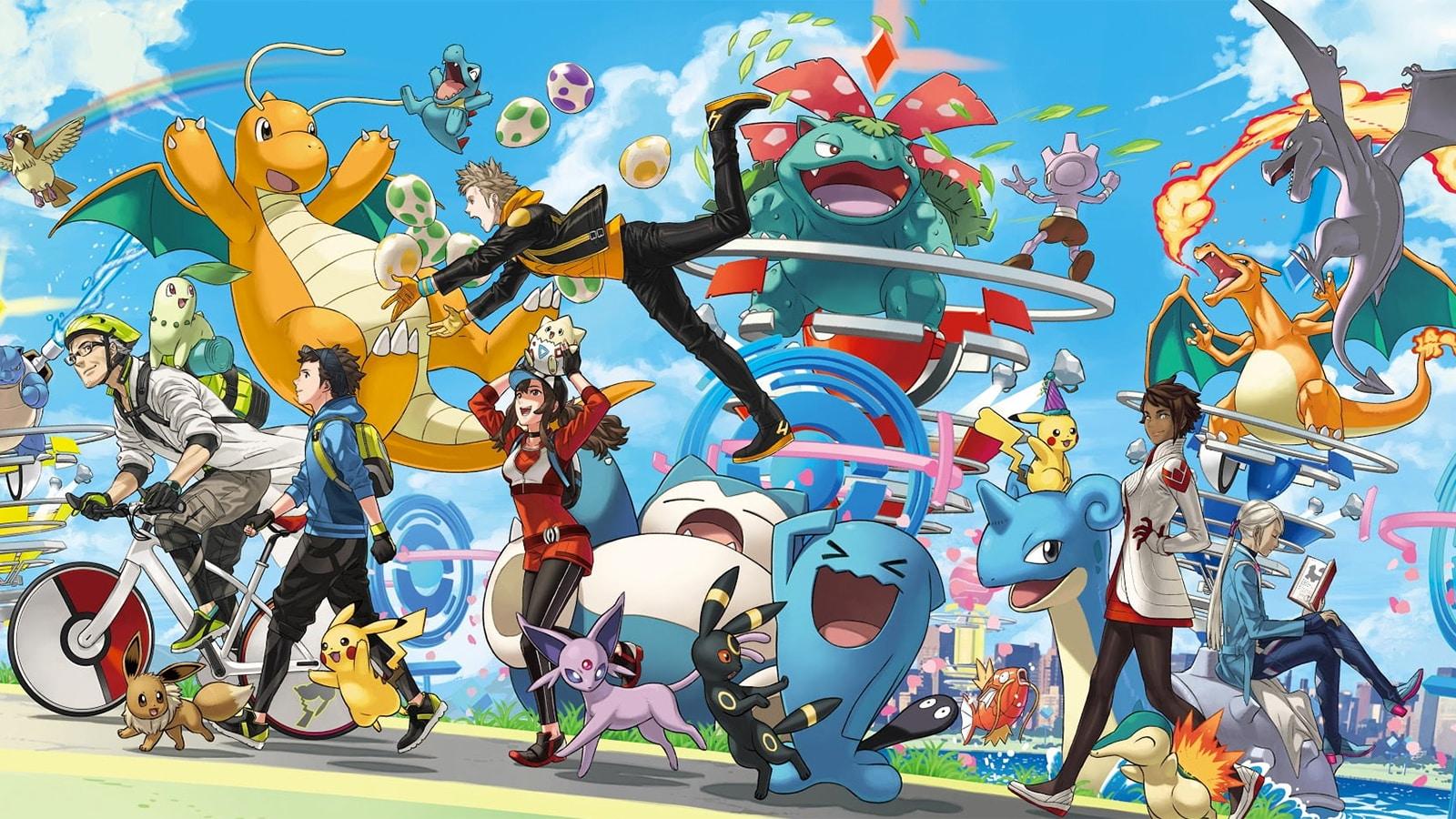 A poster featuring various Pokemon and their trainers.
