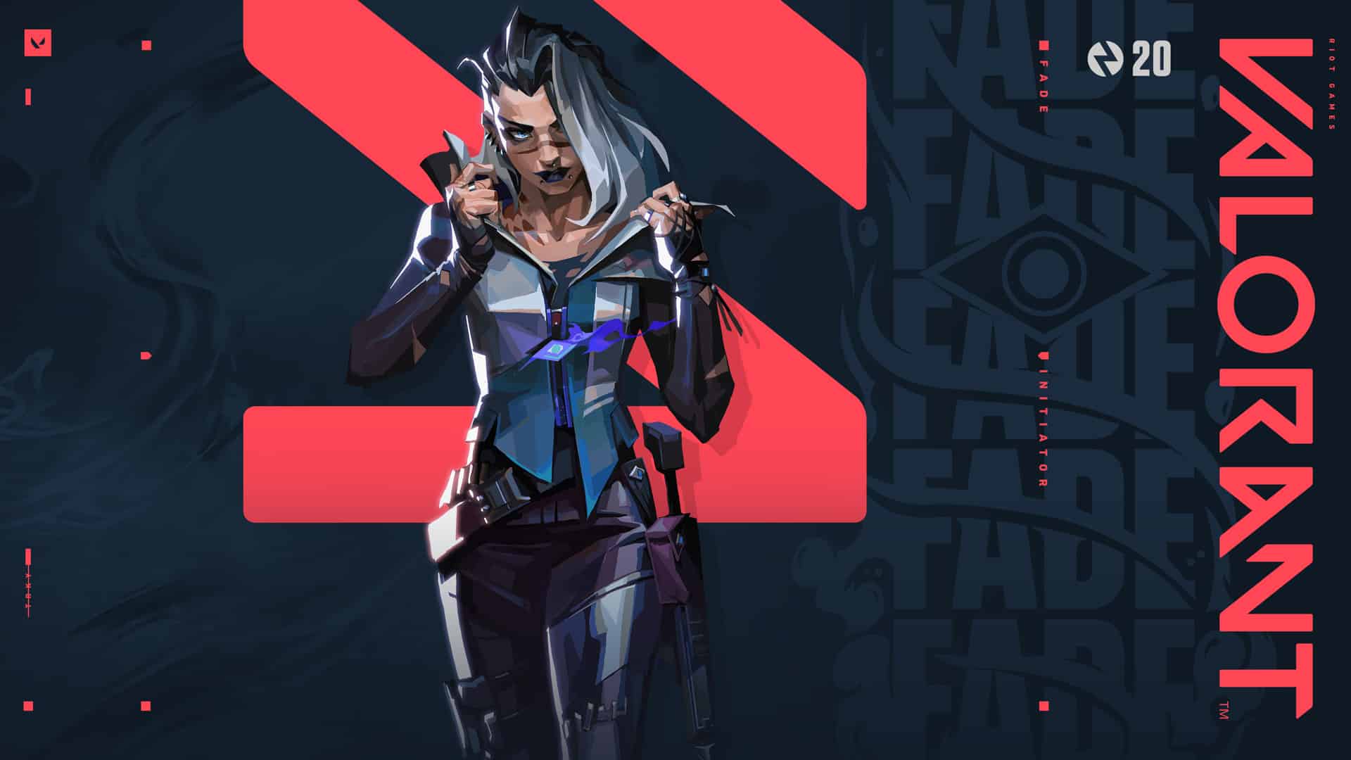 Fade from Valorant with the game's logo and text behind her