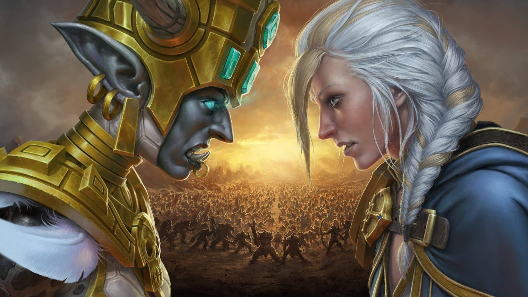 world of warcraft wow battle for azeroth bfa jaina and talanji glare at each other as horde and alliance factions fight in the background