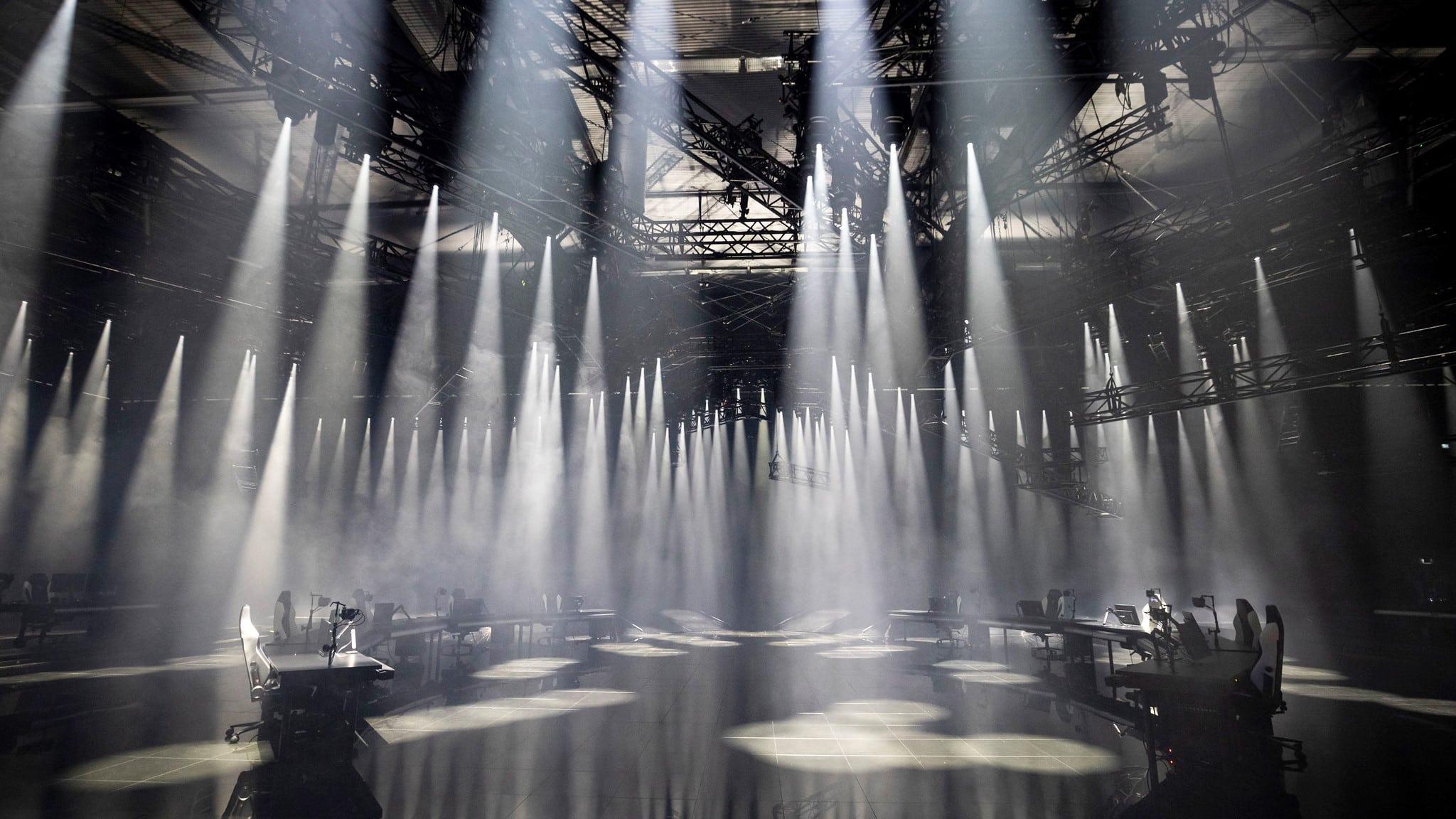 The Valorant Masters Iceland stage empty with white lights doting the stage