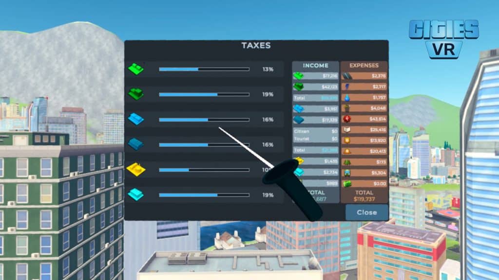 Cities VR Screenshot showing a menu