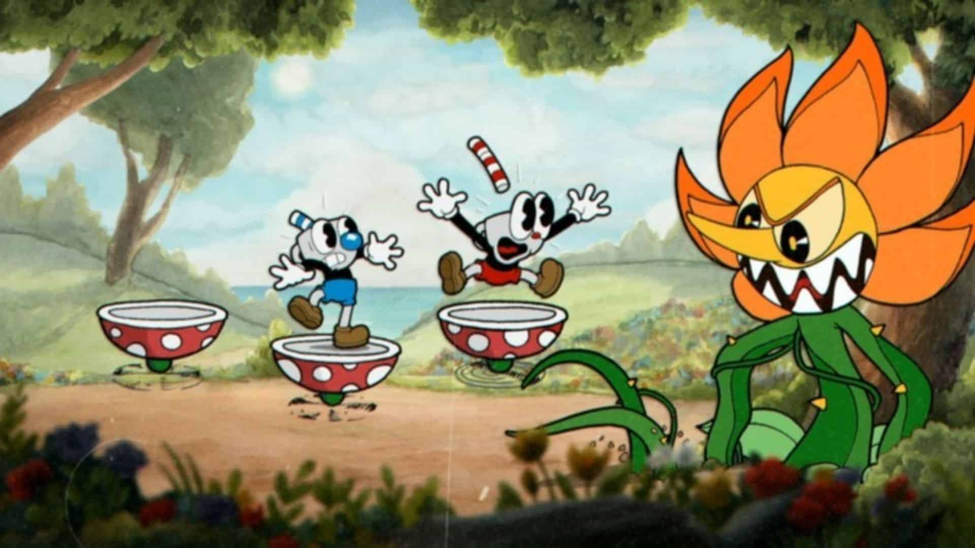 cuphead and mugman fighting cagney carnation