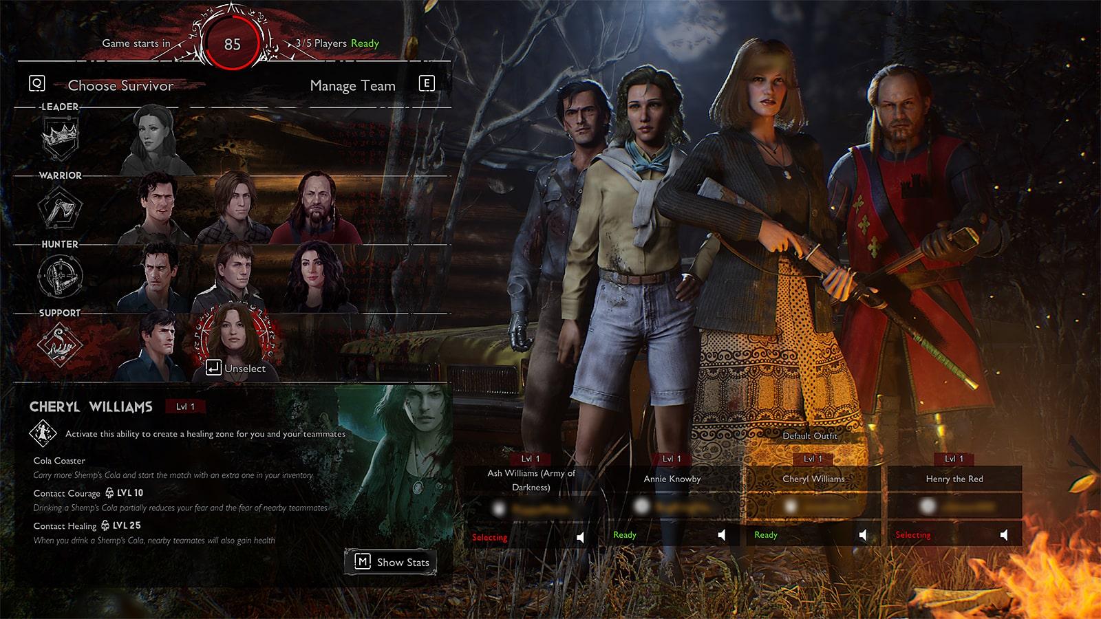 The Survivor select screen in Evil Dead: The Game