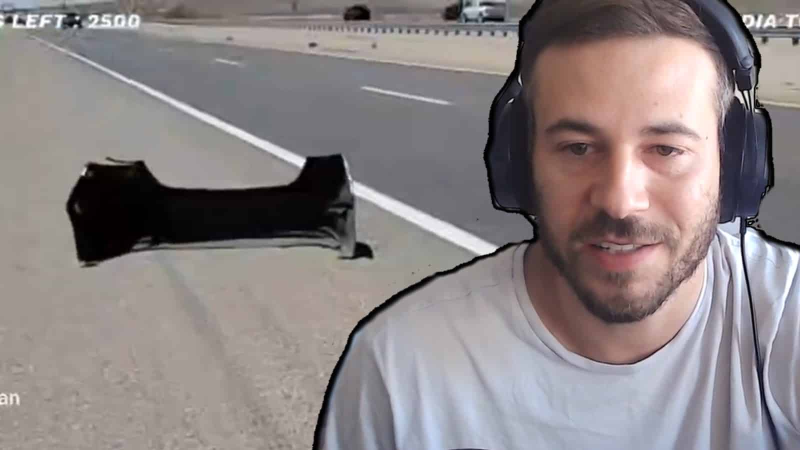 Garytheproducer streaming in front of screenshot of his car bumper on the road