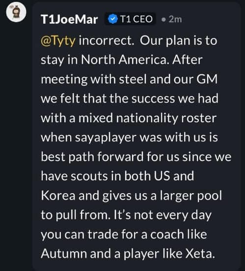 After meeting with [Joshua 'steel' Nissan] and our GM we felt that the success we had with a mixed nationality roster when [Ha 'Sayaplayer' Jung-woo] was with us is [the] best path forward with us since we have scouts in both US and Korea and gives us a larger pool to pull from,