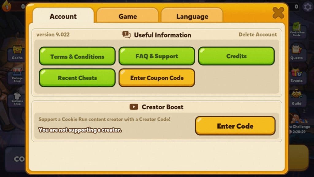 In-game Cookie Run: Overbreak code redeem menu