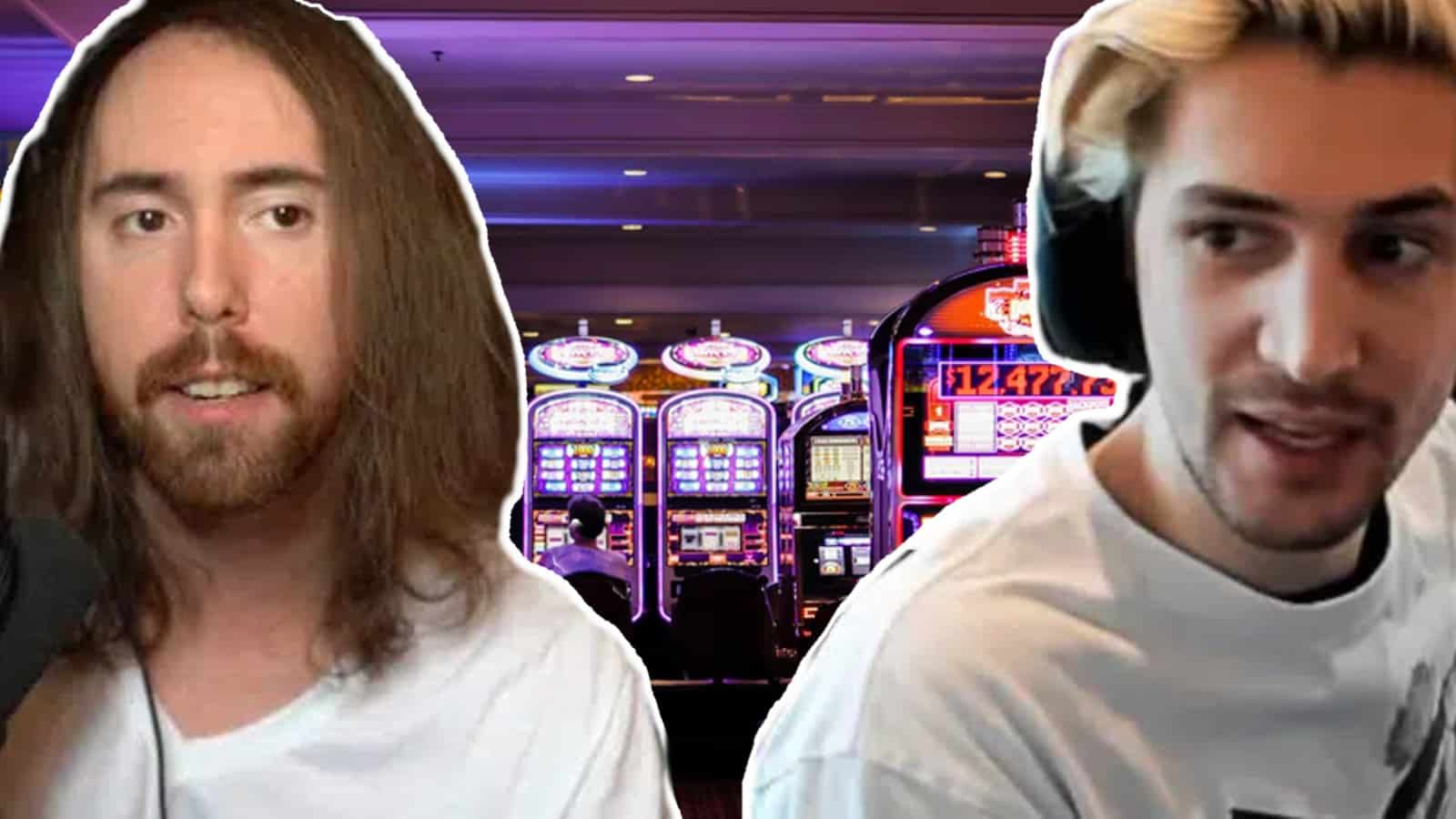 Asmongold and xQc in front of gambling machines
