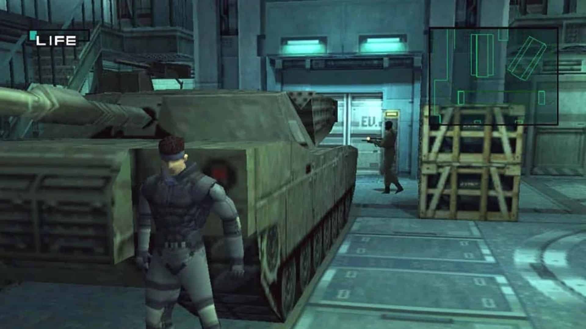 solid snake hiding behind a tank