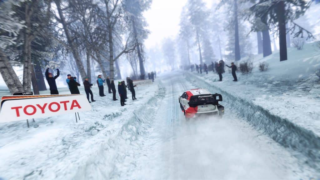 WRC Generations screenshot showing a snowy route