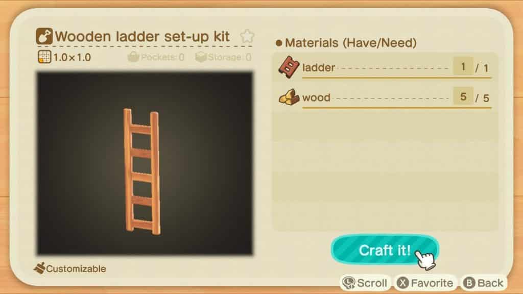 Ladder available to craft in the crafting bench in Animal Crossing: New Horizons