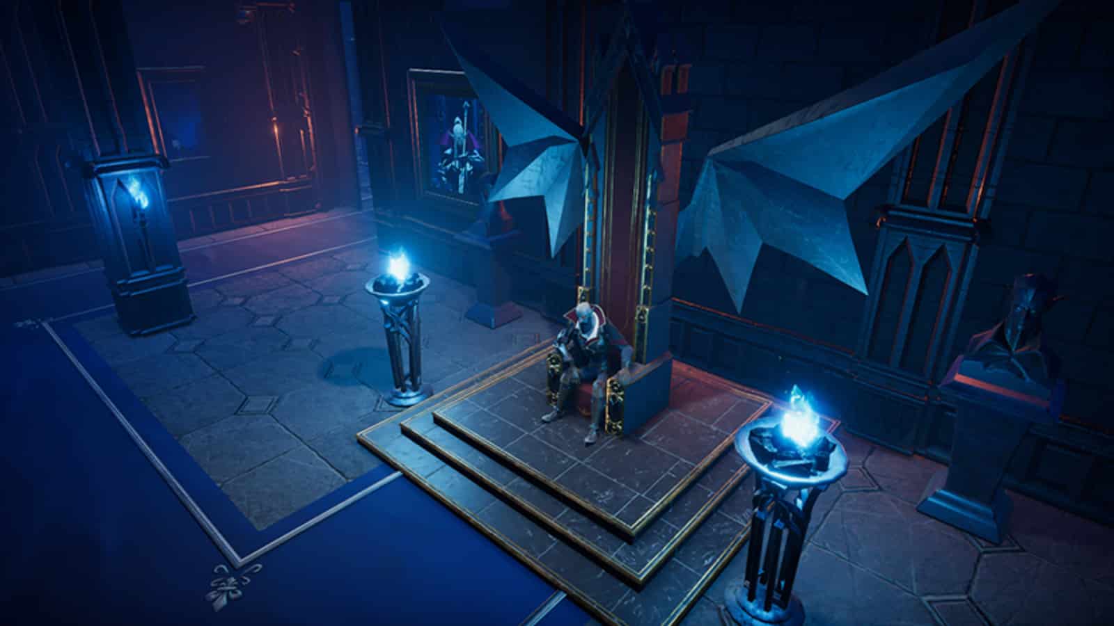 v rising male vampire sits on throne with bat wings in castle