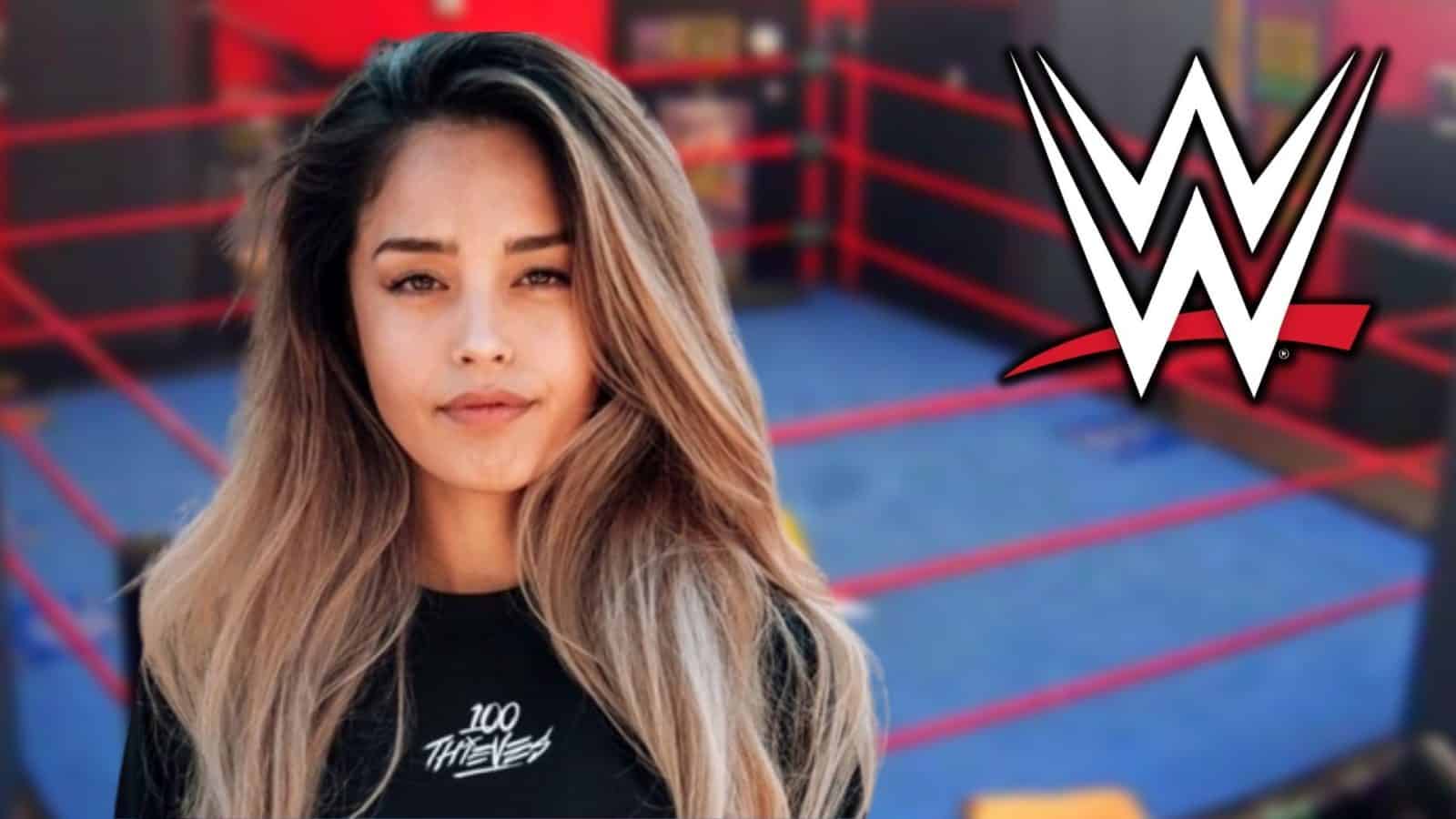 valkyrae in a ring with wwe logo