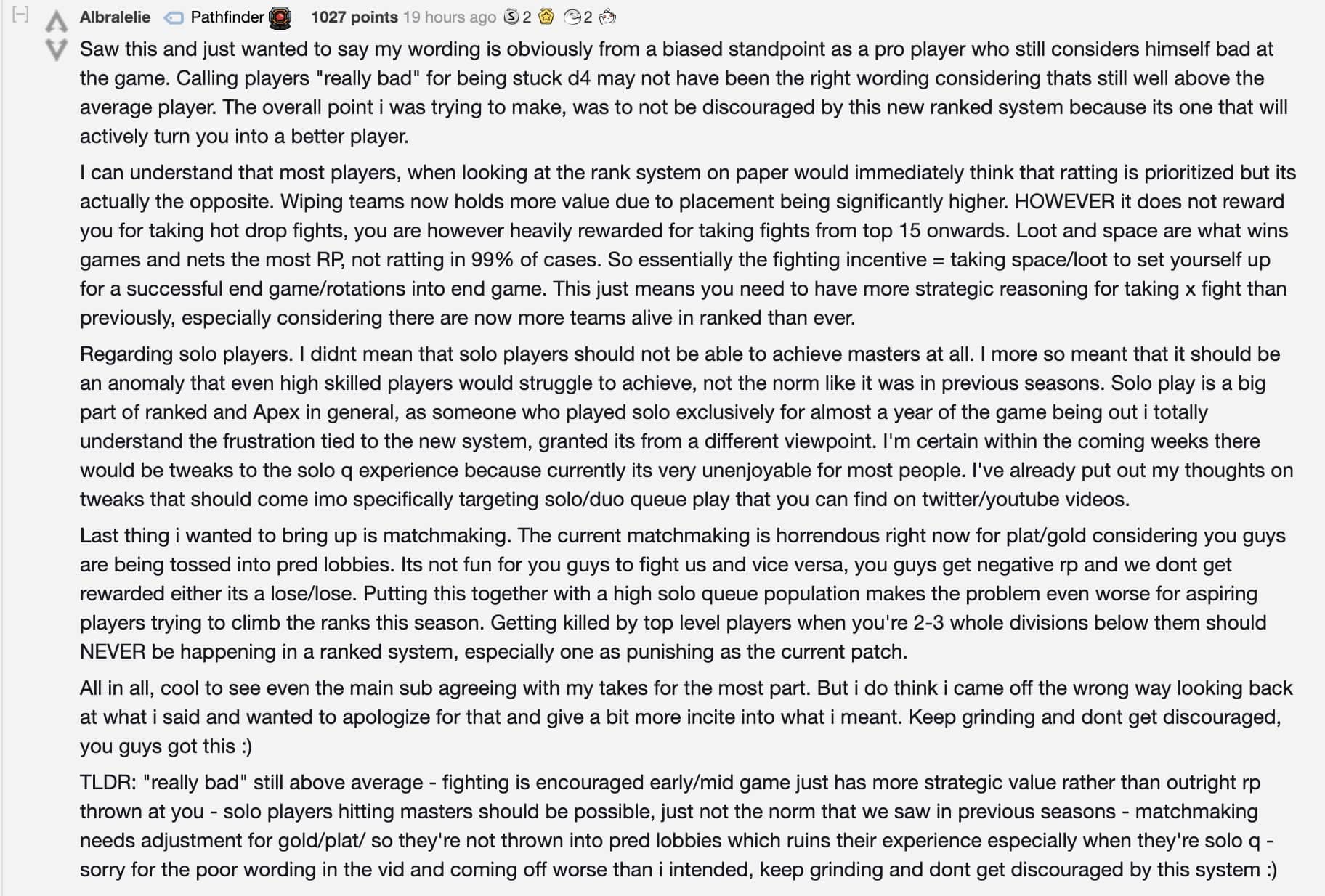 Screenshot of Reddit comment about Apex Legends Ranked from Albralelie