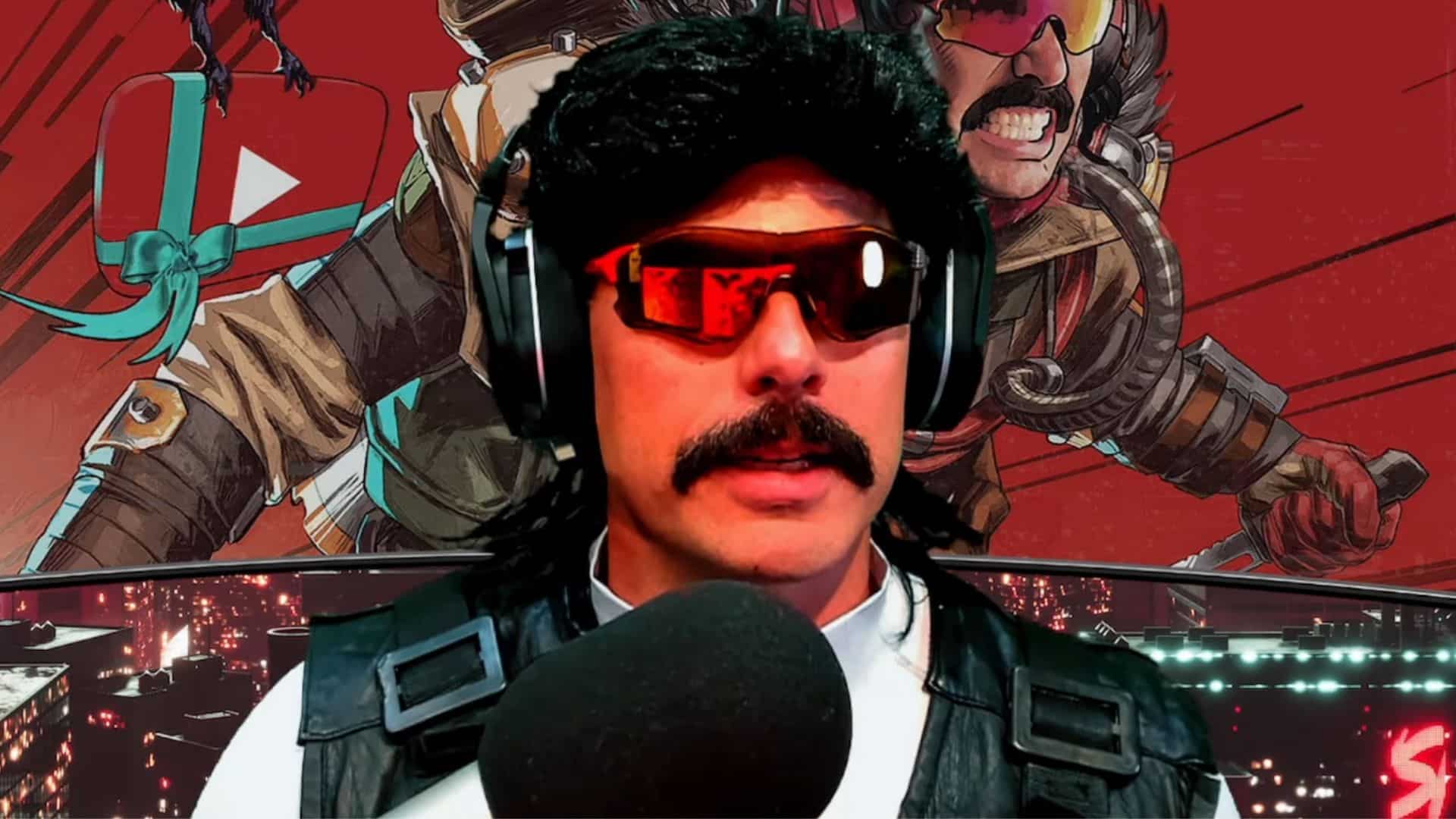 Dr Disrespect talking into mic with Apex Legends cartoon in background