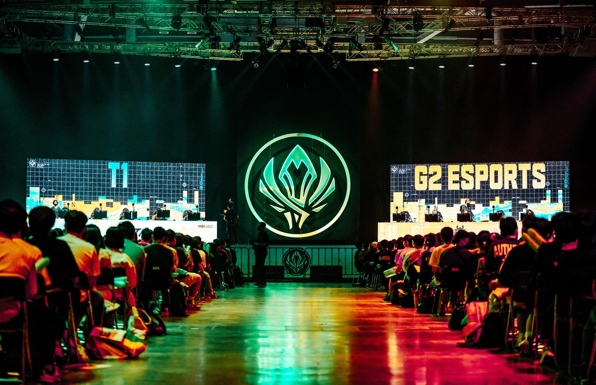 T1 and G2 Esports on stage at MSI 2022