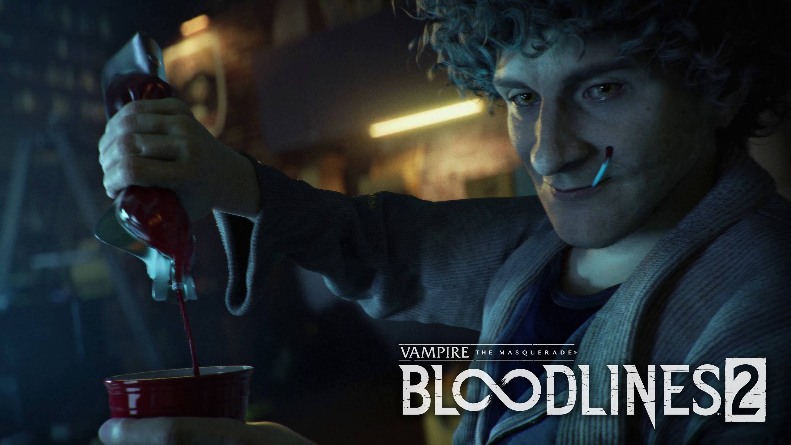 vampire the masquerade bloodlines 2 male vampire smoking pouring blood bag into a mug