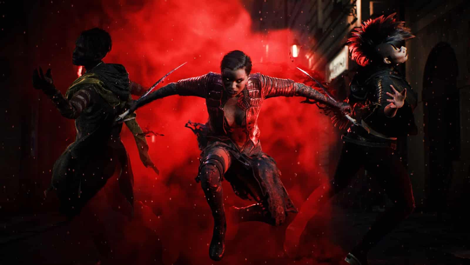 vampire the masquerade vtm bloodhunt toreador with katanas appears from red mist pushing female brujah aside