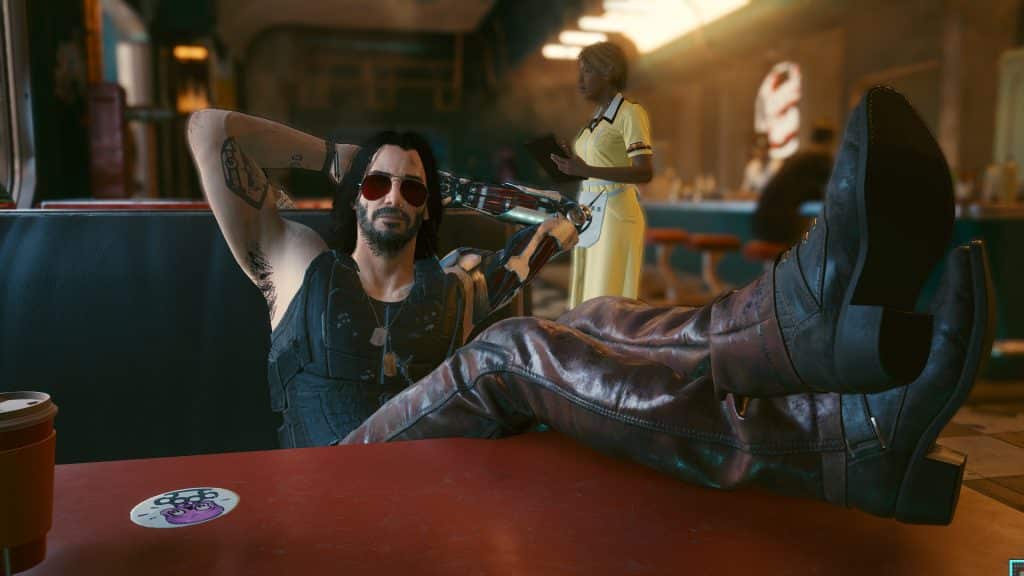 Cyberpunk 2077 Johnny Silverhand sitting at table