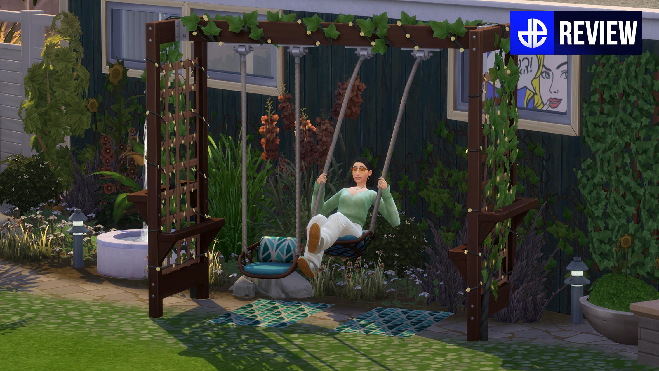 An image of a Sim in Moonlight Chic Kit clothing on a swing from the Little Campers Kit in The Sims 4