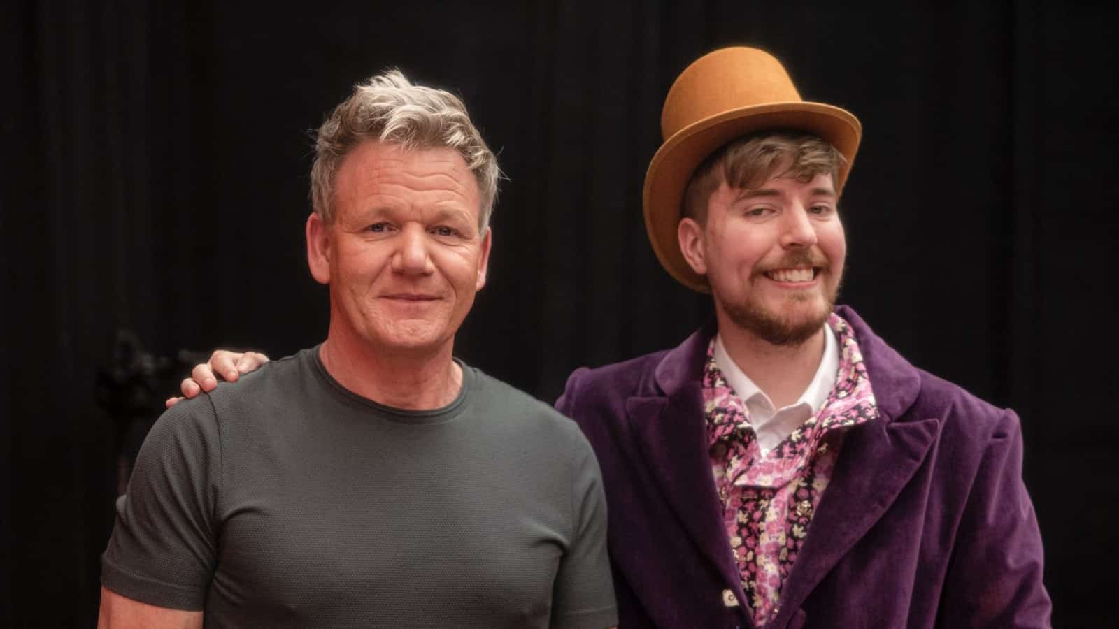Gordon Ramsay standing next to MrBeast dressed as Willy Wonka