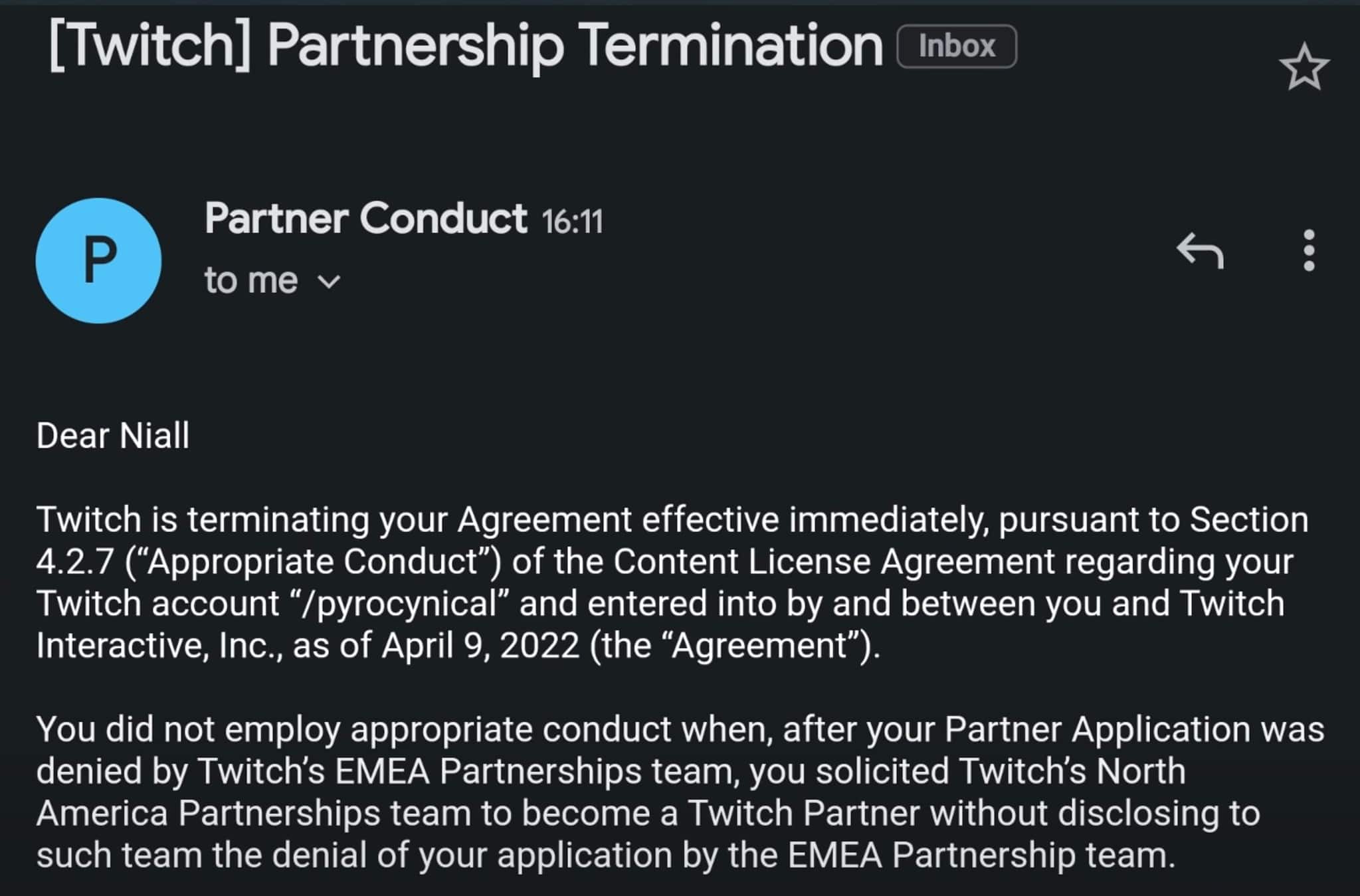 Pyrocynical Twitch partnership email