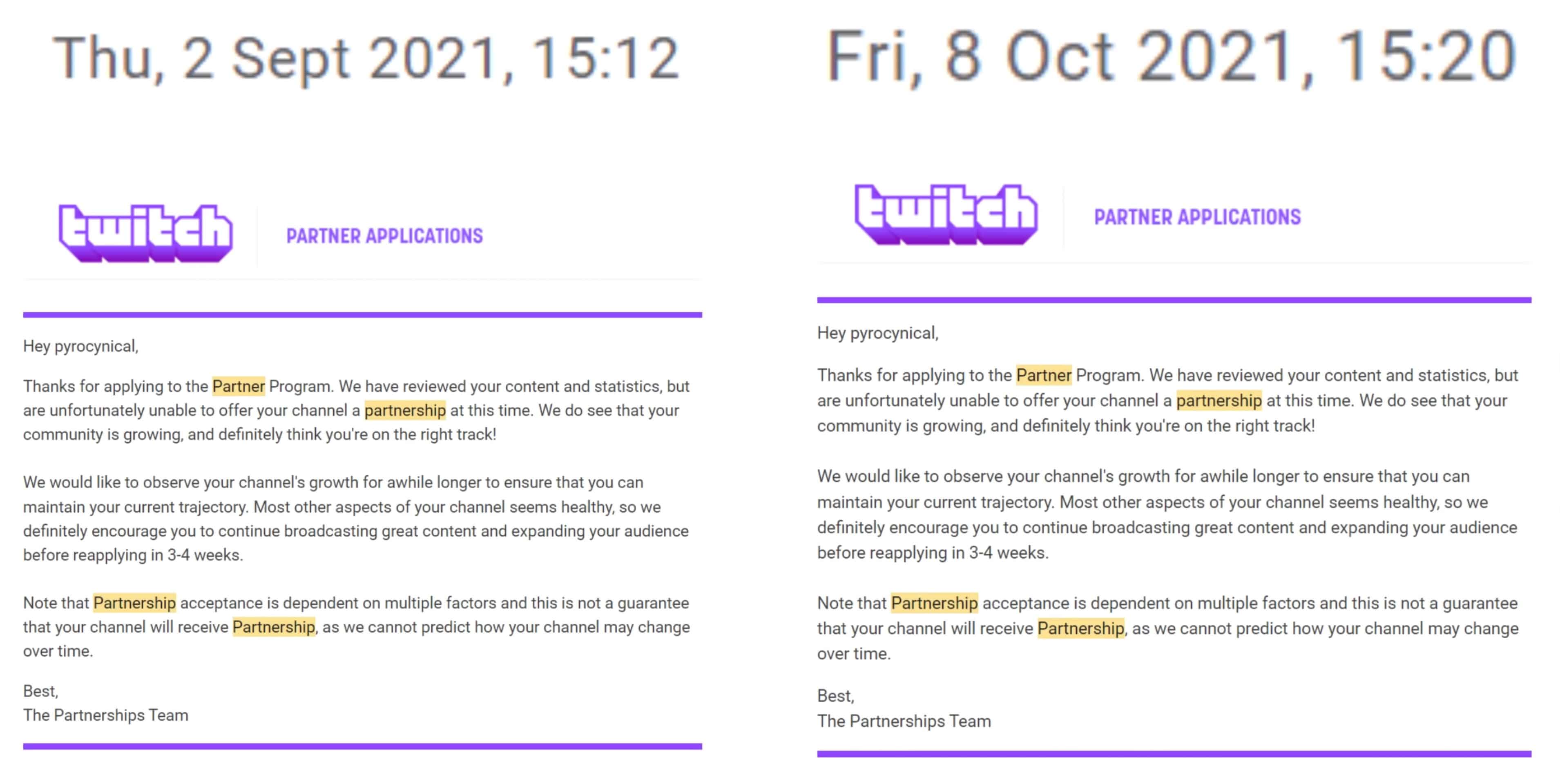 Twitch partnerships rejected