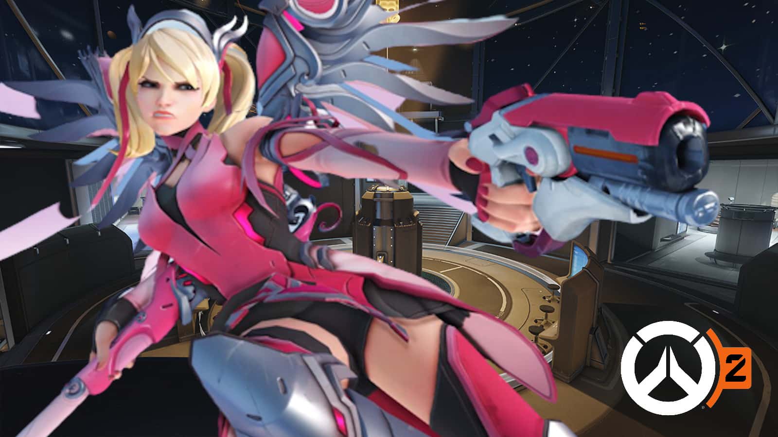Pink Mercy in OW2 with gun