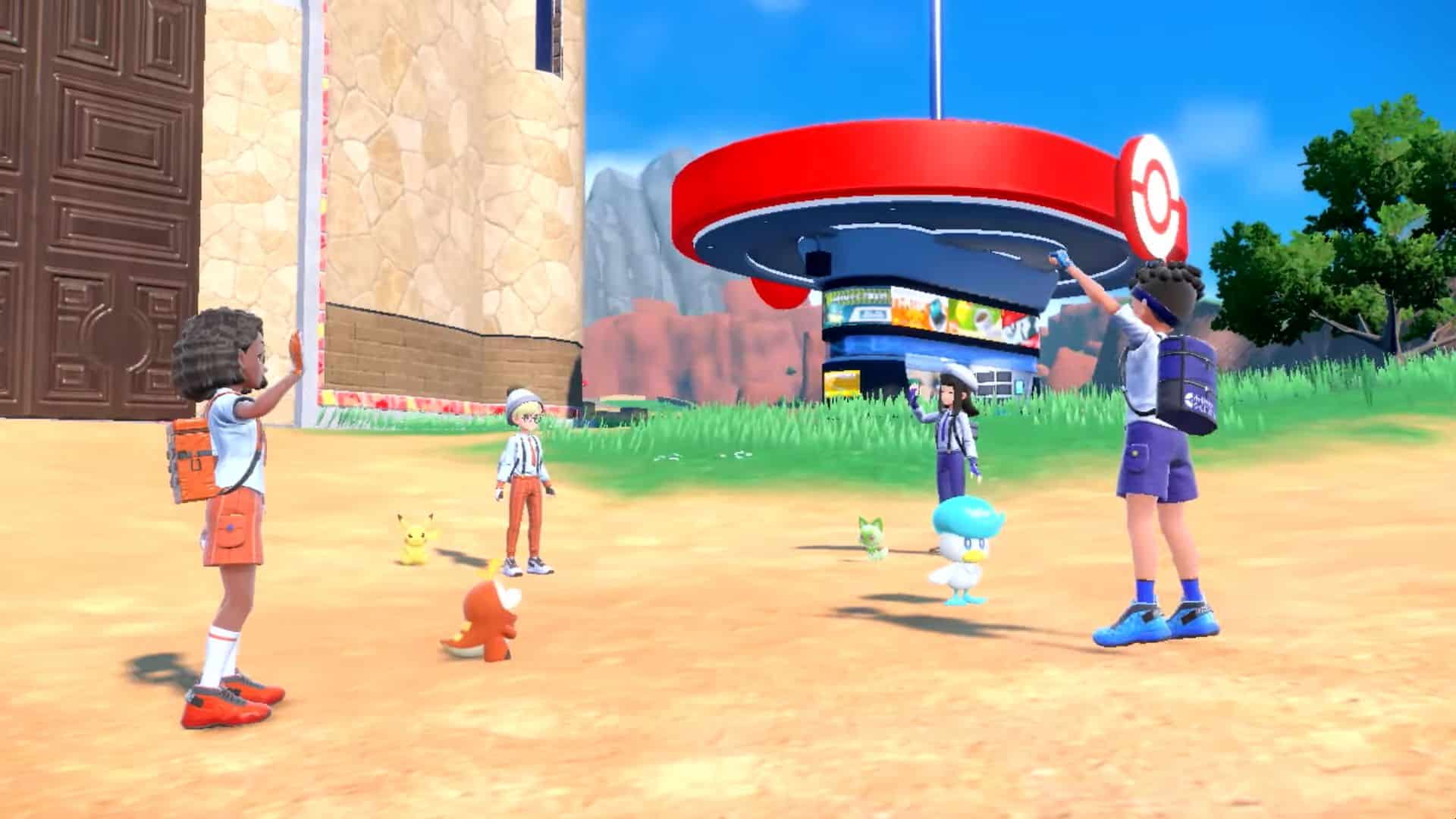 four trainers standing next to each other in pokemon scarlet and violet