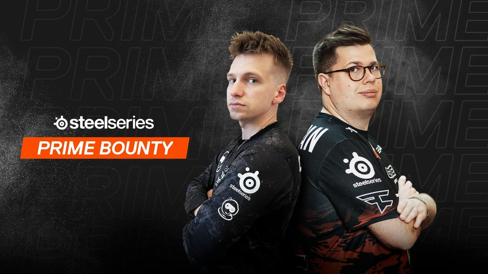 Karrigan and another esports player stand back to back for SteelSeries Prime Bounty graphic