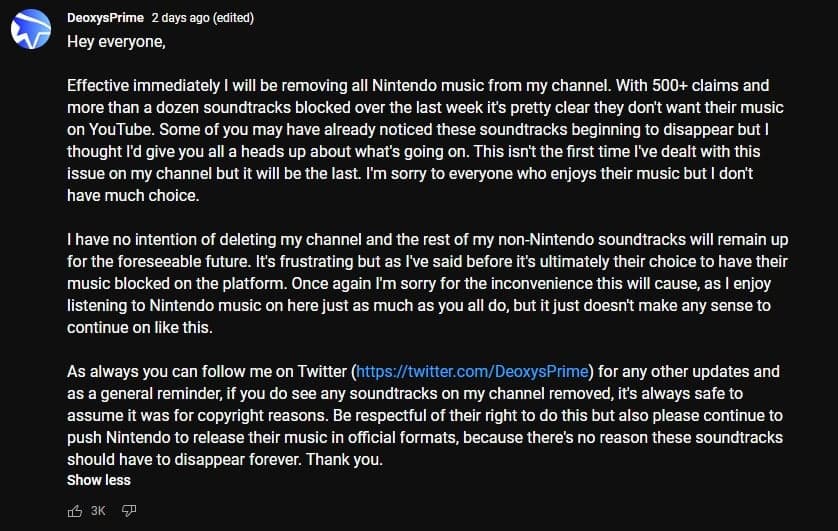 DeoxysPrime YouTube message