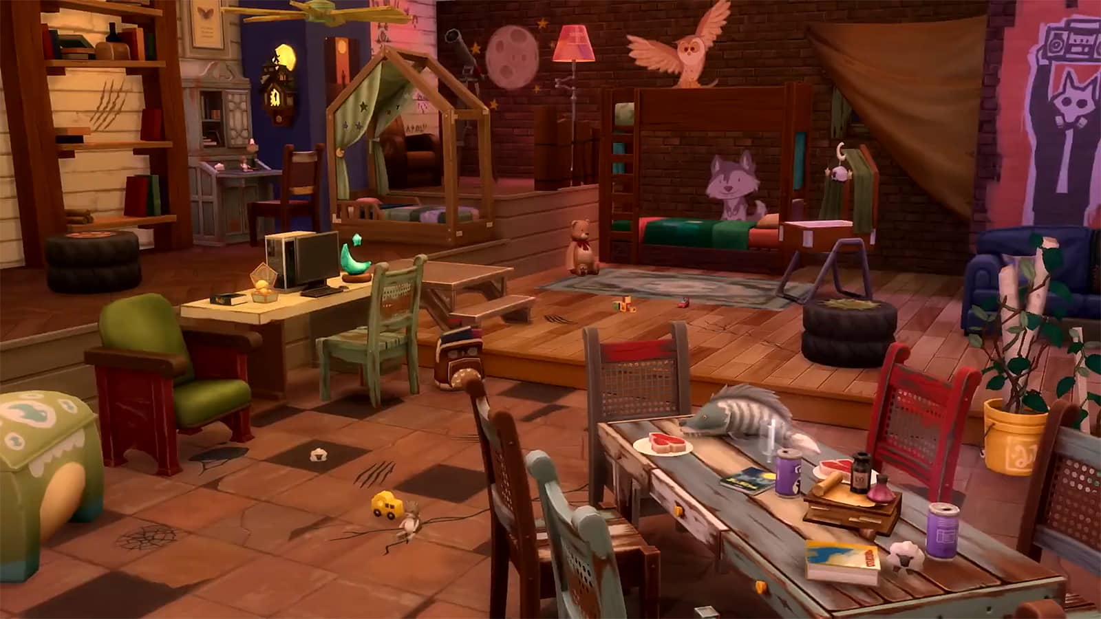 An interior in The Sims 4, showing off items in the new Werewolves Game Pack