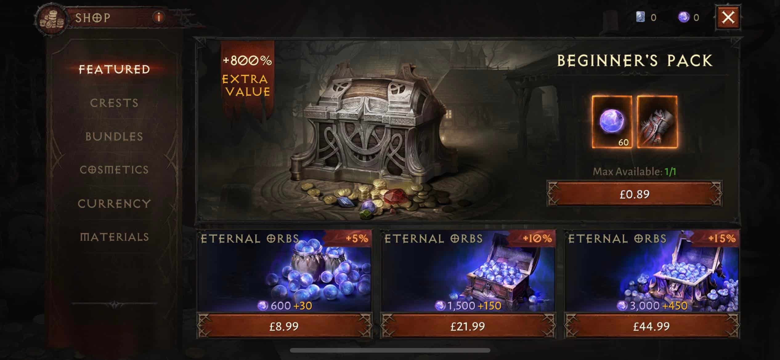 diablo immortal store with beginner's chest and eternal orbs