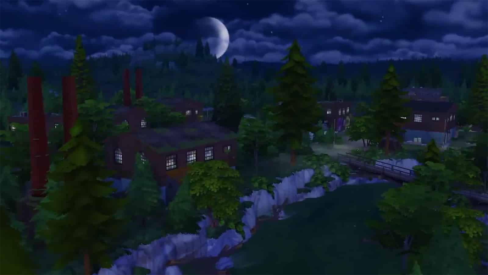 Moonwood Mill at night time in The Sims 4