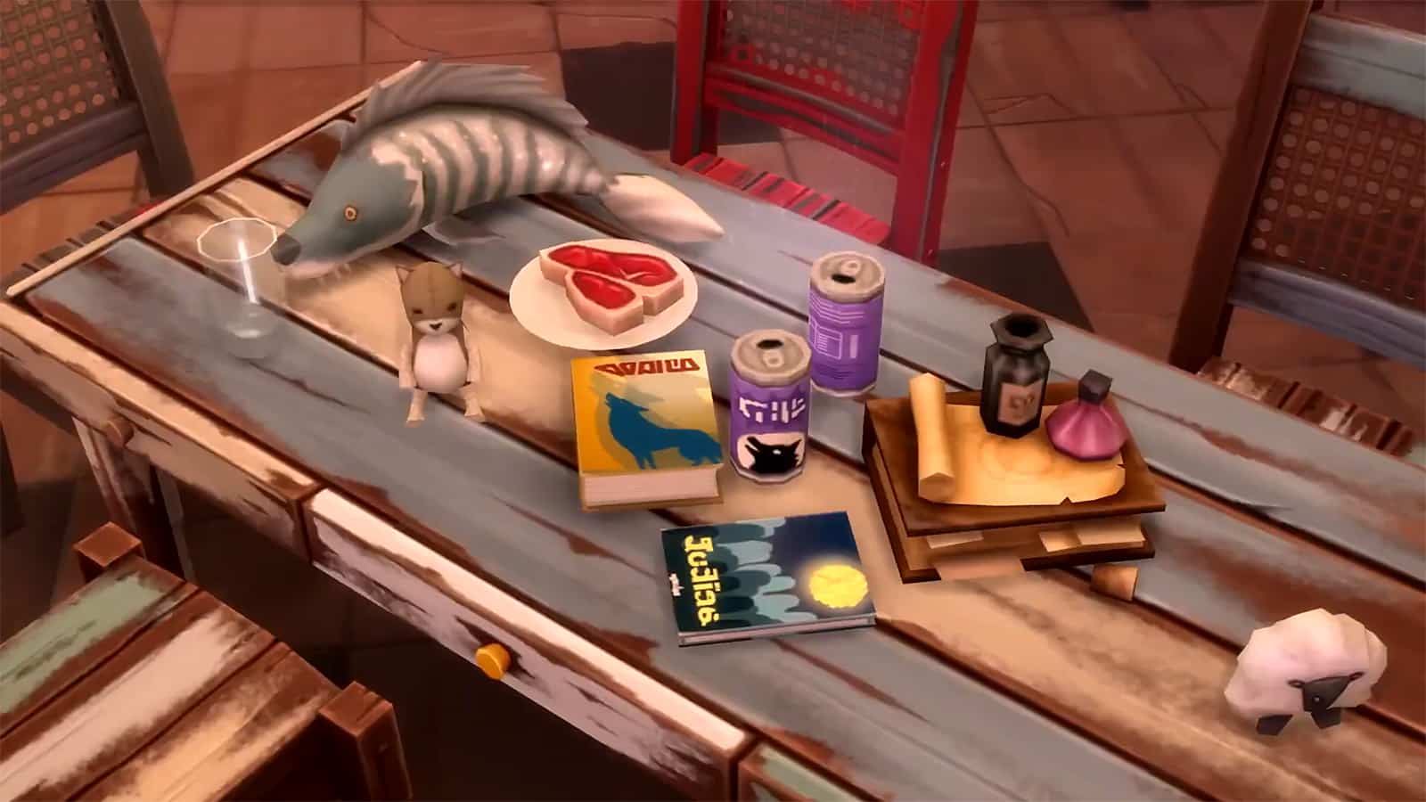 A table in The Sims 4 with items on it