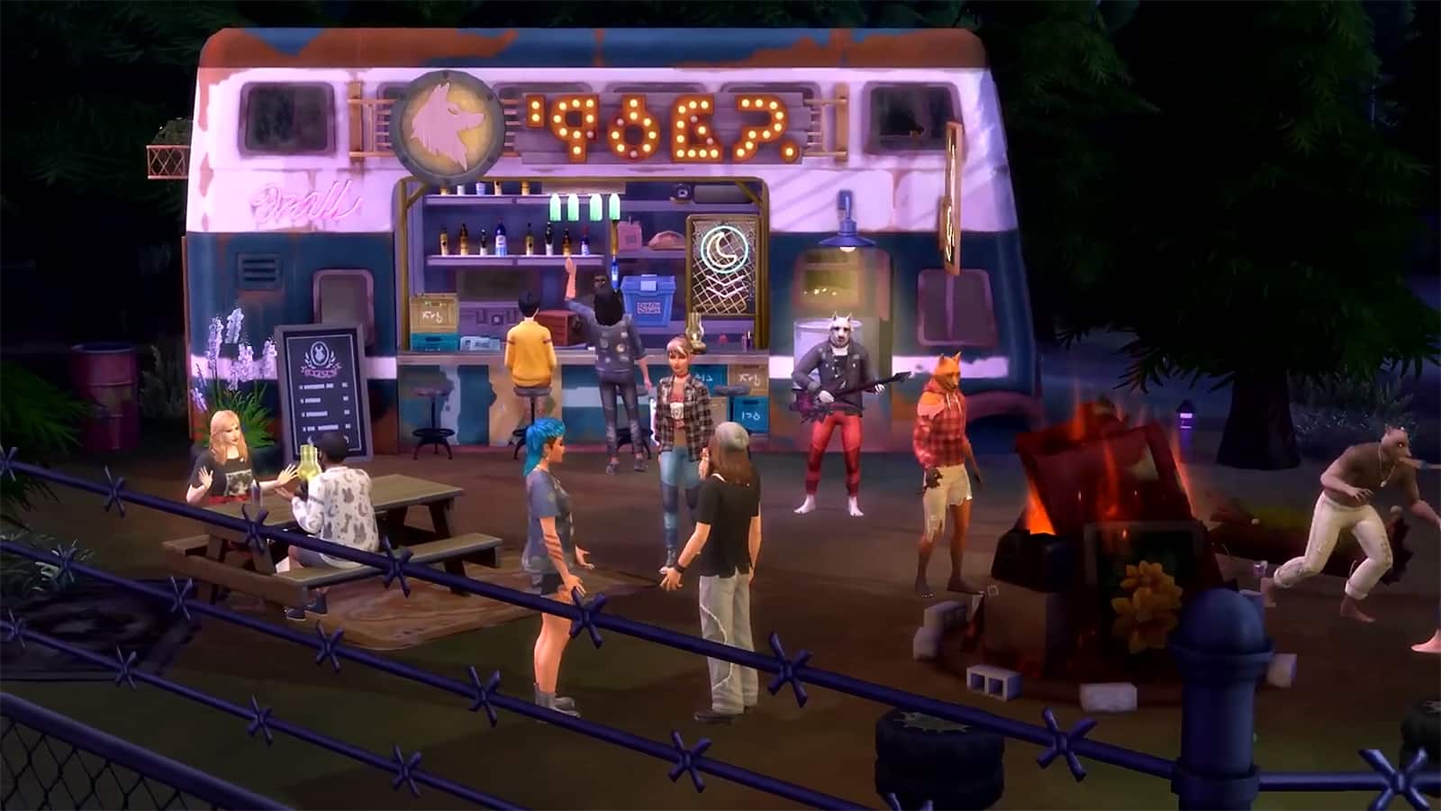 A group of Sims standing outside with picnic tables