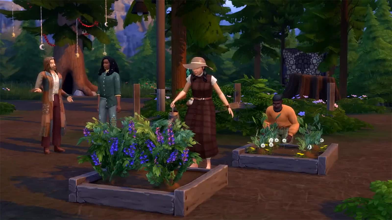 A group of Sims standing around a garden patch