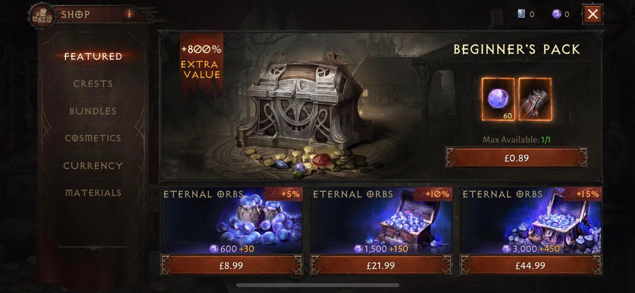 diablo immortal store with microtransactions for beginner chest and eternal orbs
