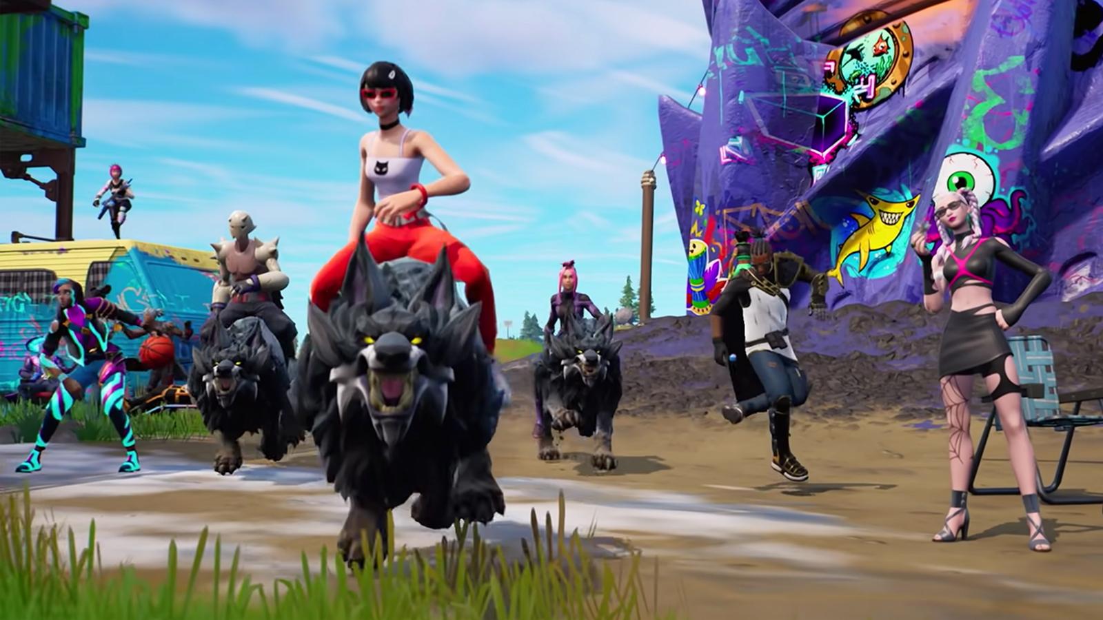 A Fortnite player riding a wild animal wolf